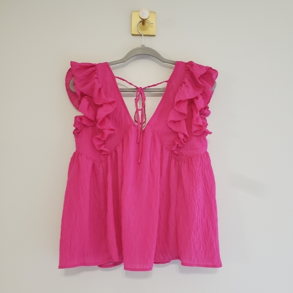 Entro Ruffle Sleeve Babydoll Blouse Top Women Small Fuchsia Pink Vibrant Boho - Picture 7 of 9